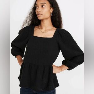 Madewell Lightspun Millbrook Puff-Sleeve Peplum Top, Black, XL